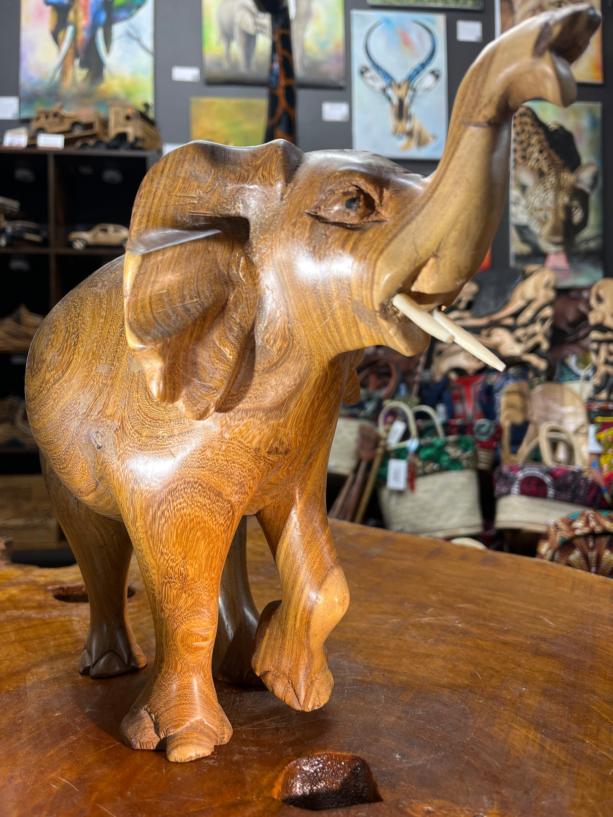 Hand Carved Elephant - Attacking Pose