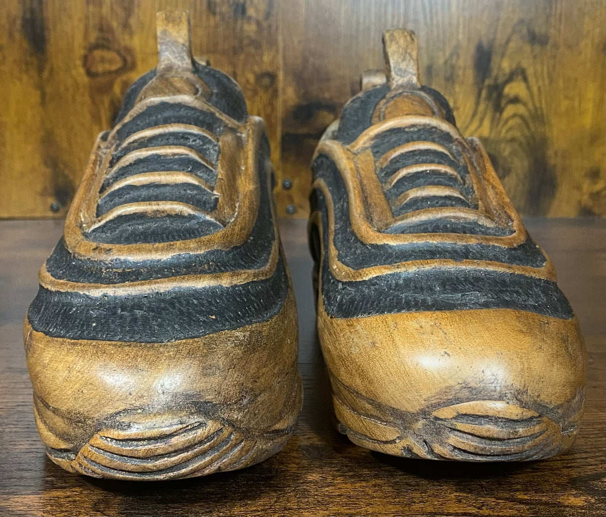 Pair of Nike Air Max 97 V1.3 Hand Carved Painted Mahogany Display Piece