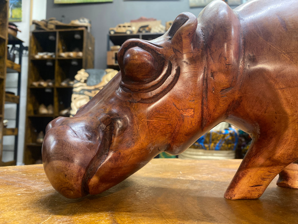 Big Reddish Colour Hand Carved Wooden Hippo - Mouth Closed (Heavy Piece)