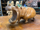 Hand Carved Wooden Hippo - Mouth Open With Teeth