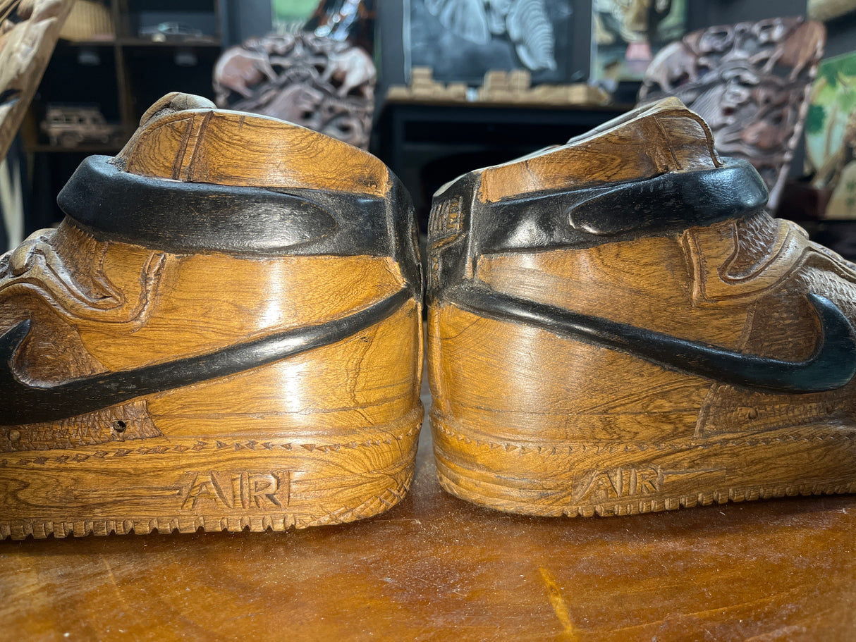 Pair of Nike Air Force One High V1.1 Hand Carved Mahogany Display Piece