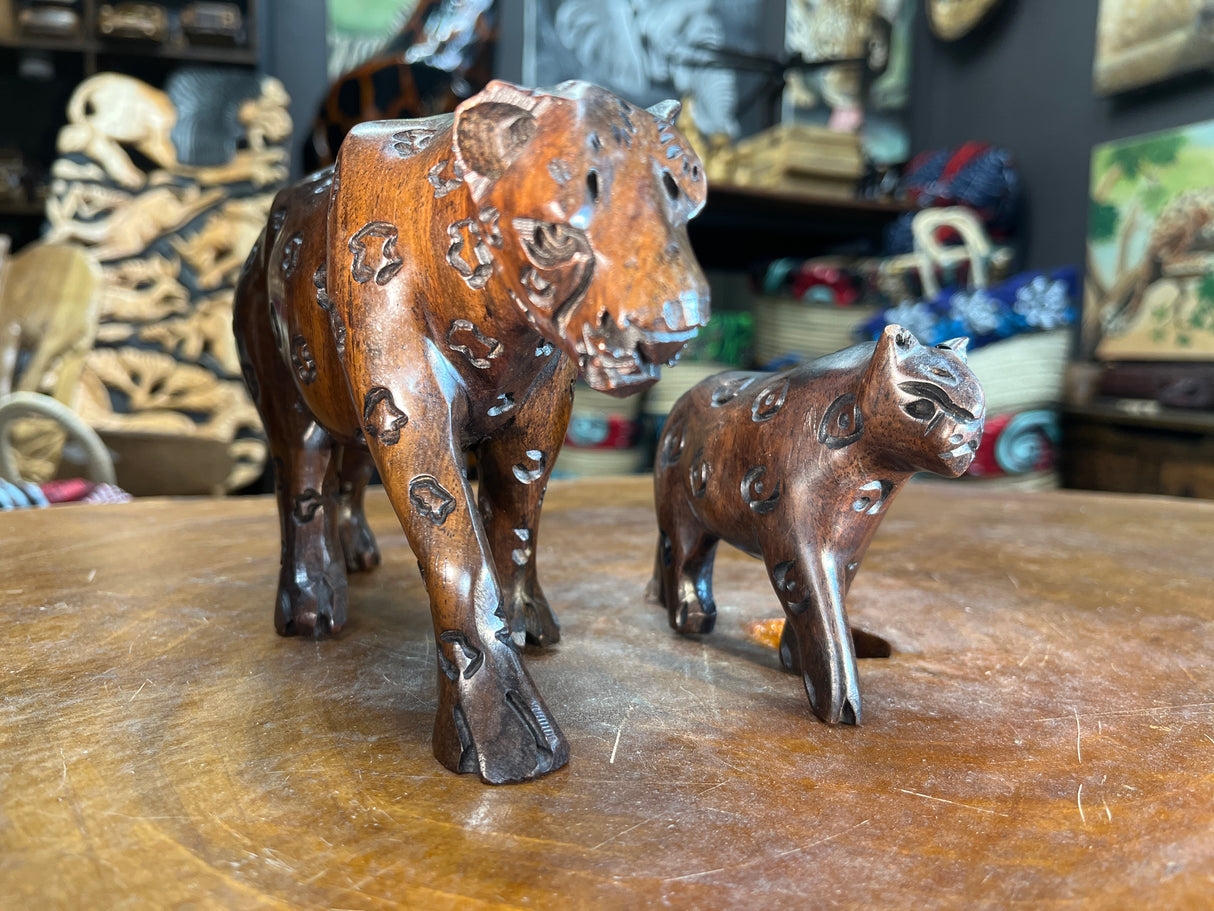 Hand Carved Ebony Wood Mother and Baby Leopard