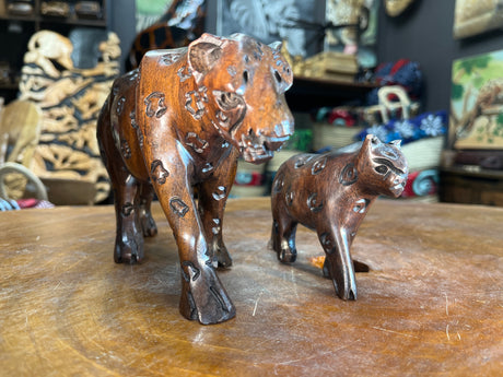 Hand Carved Ebony Wood Mother and Baby Leopard