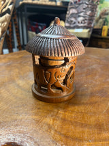 Hand Carved Mahogany African Hut with Rhino and Elephant Design Coaster Set with 8 Coasters