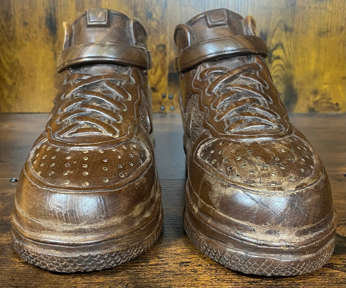 Pair of Nike Air Force One High V2.1 Hand Carved Mahogany Display Piece