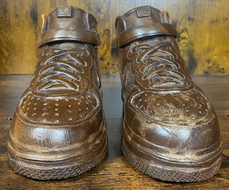 Pair of Nike Air Force One High V2.1 Hand Carved Mahogany Display Piece