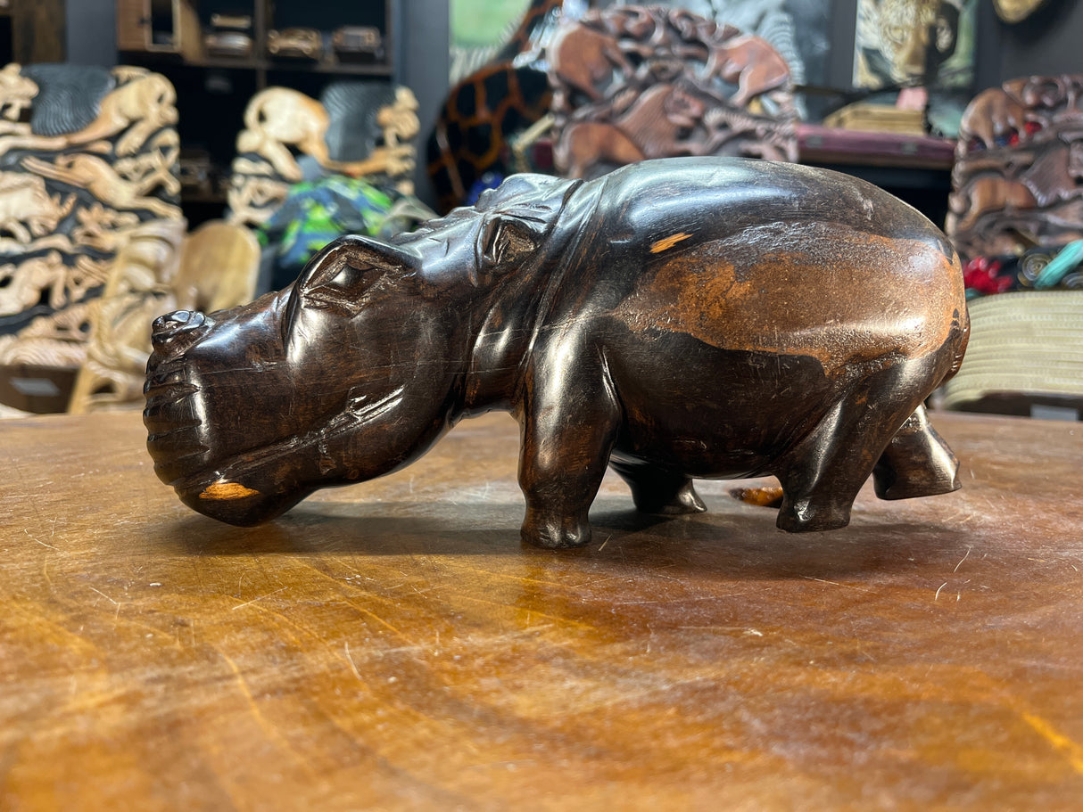 Hand Carved Dark Brown Wooden Hippo - Mouth Closed