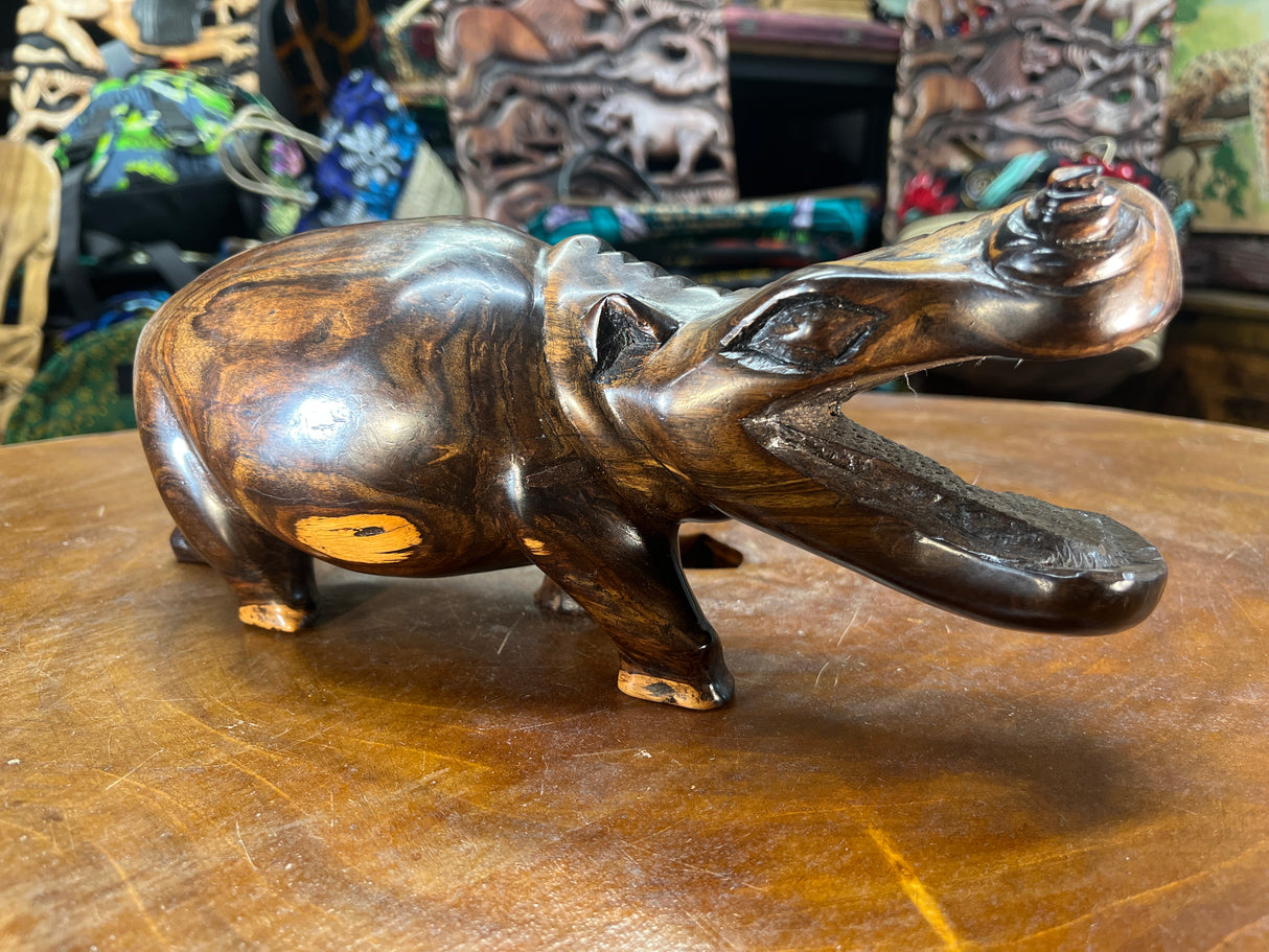 Hand Carved Wooden Hippo - Mouth Open No Teeth