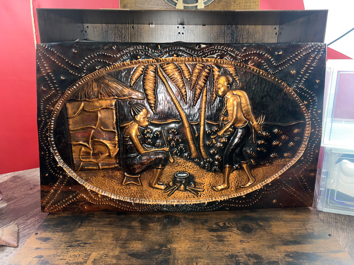 Hammered Copper Picture - Lady Cooking Over Fire