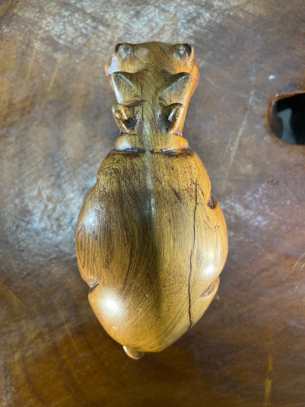 Small Hand Carved Light Brown Grained Wood Hippo - Mouth Closed