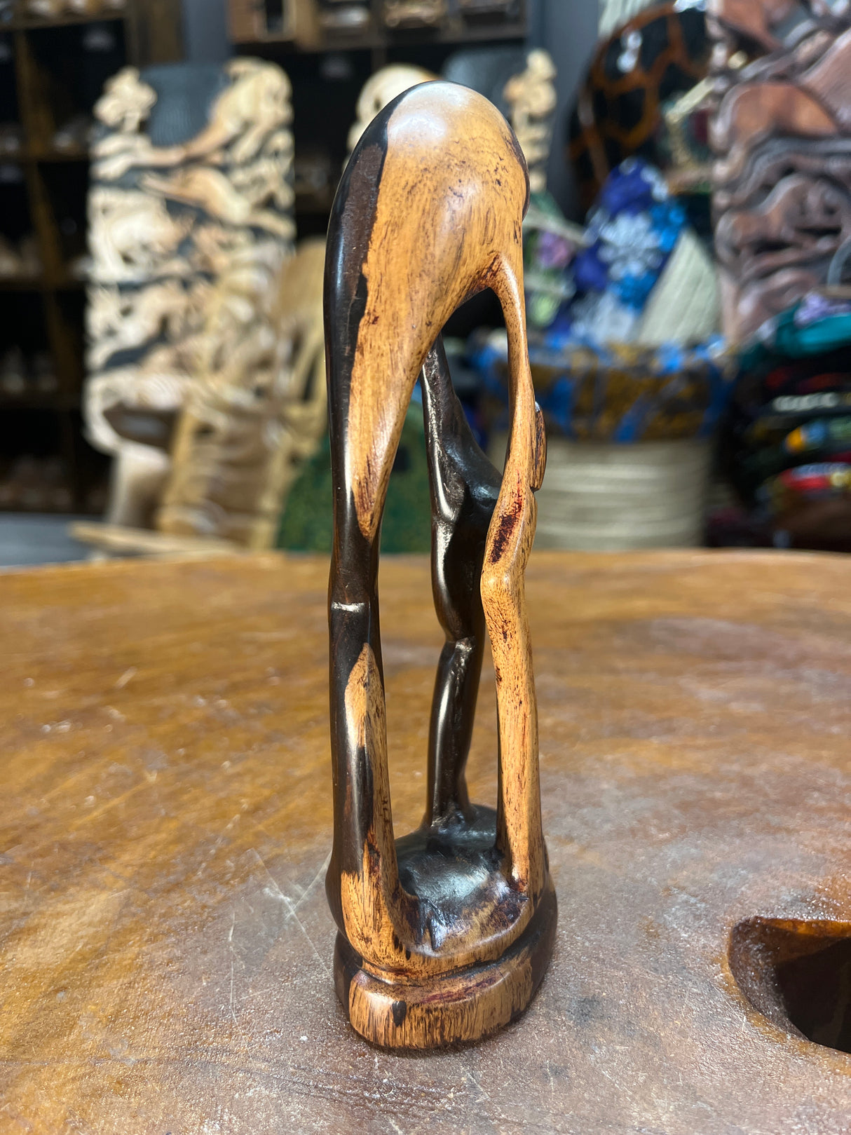 Small Hand Carved Wooden Family Abstract Parent and Two Children Ebony