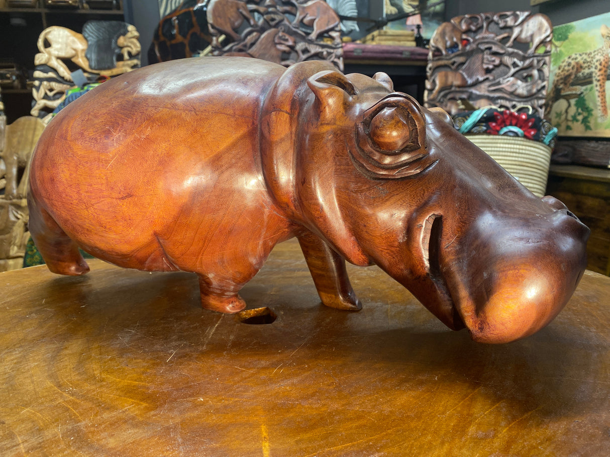 Big Reddish Colour Hand Carved Wooden Smiling Hippo - Mouth Closed (Very Heavy Piece)