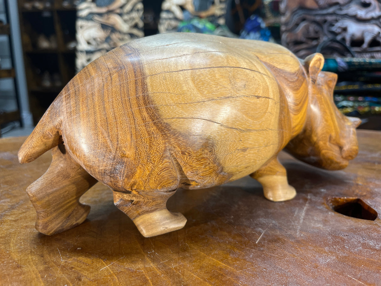 Hand Carved Beautifully Grained Wooden Hippo - Mouth Closed