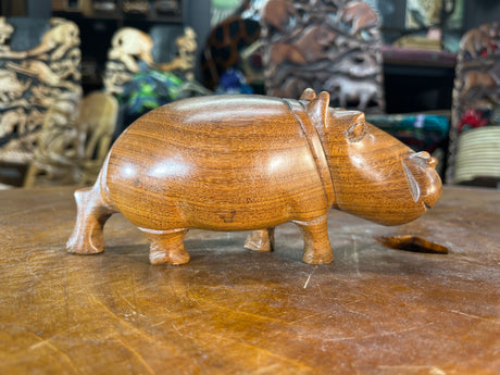 Small Hand Carved Wooden Hippo - Mouth Closed