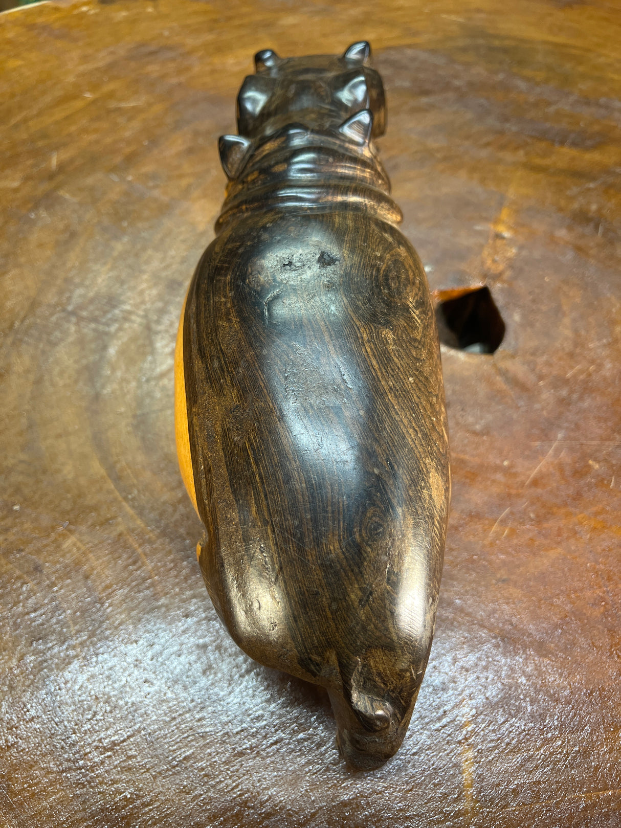 Hand Carved Dark Brown Wooden Hippo - Mouth Closed and Long Body