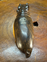 Hand Carved Dark Brown Wooden Hippo - Mouth Closed and Long Body