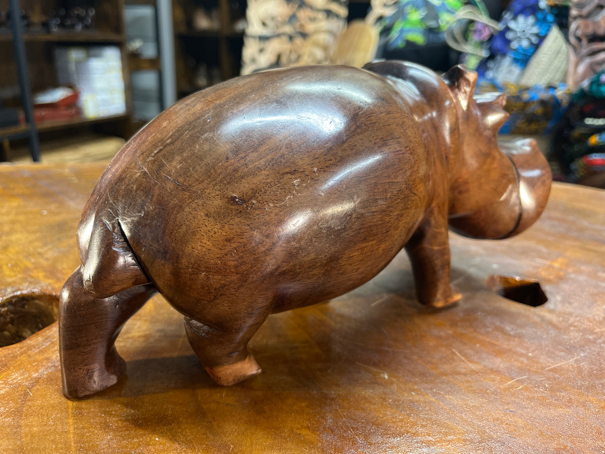 Hand Carved Shiny Dark Brown Wooden Hippo - Mouth Closed