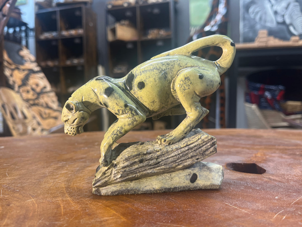 Stone Panther on a Log Handmade In Malawi