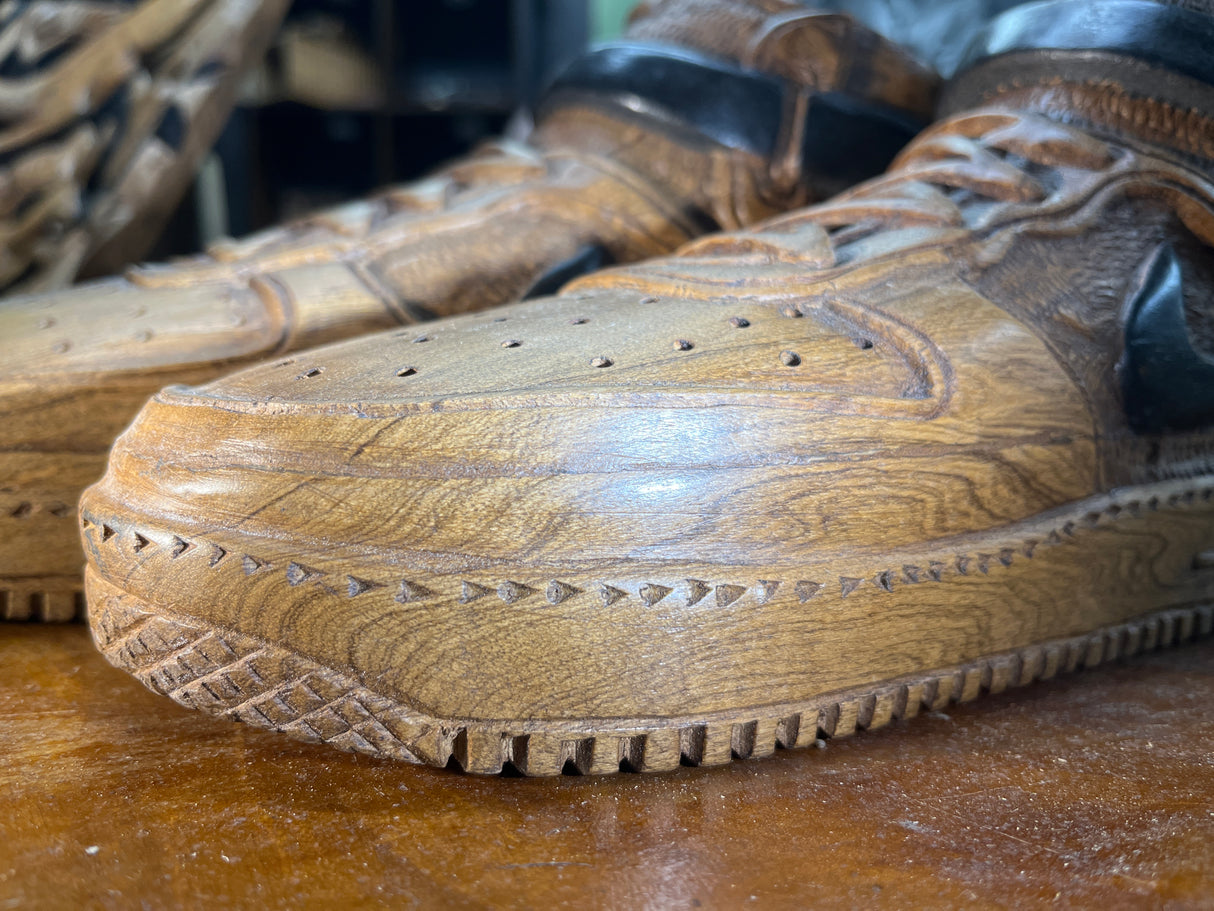 Pair of Nike Air Force One High V1.1 Hand Carved Mahogany Display Piece