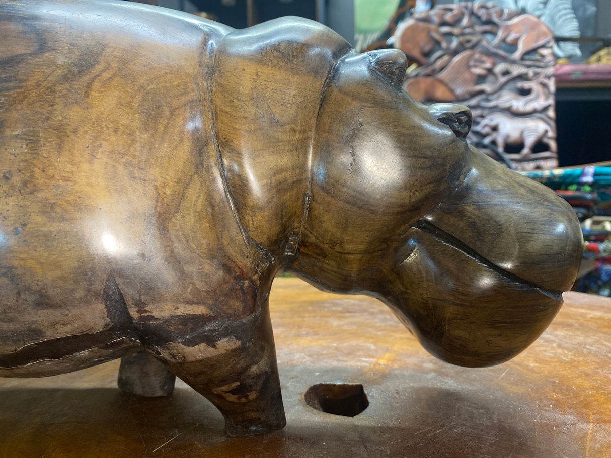 Hand Carved Wooden Smiling Hippo - Mouth Closed