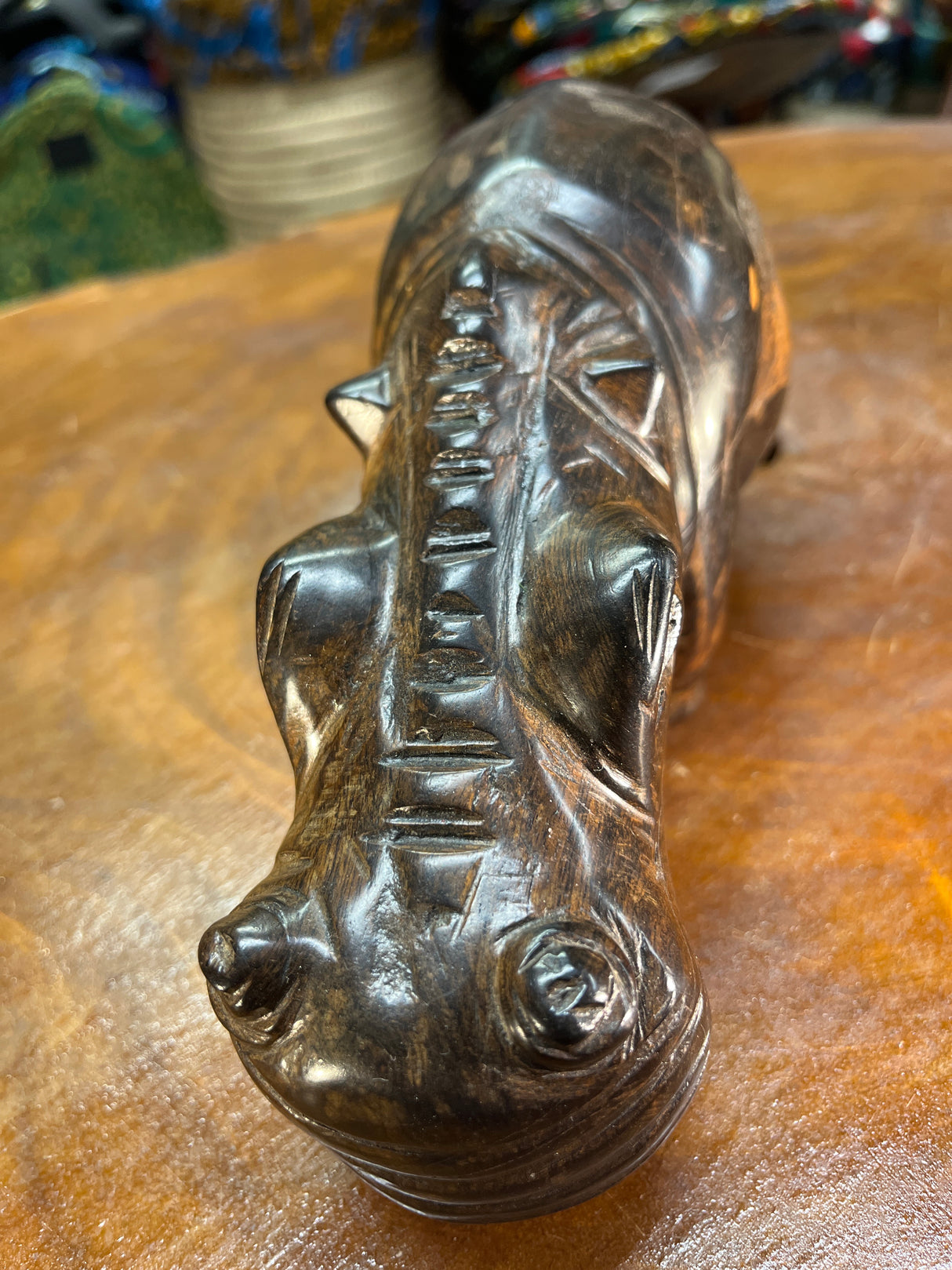 Hand Carved Dark Brown Wooden Hippo - Mouth Closed