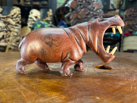 Small Hand Carved Reddish Wood Hippo - Mouth Open With Teeth