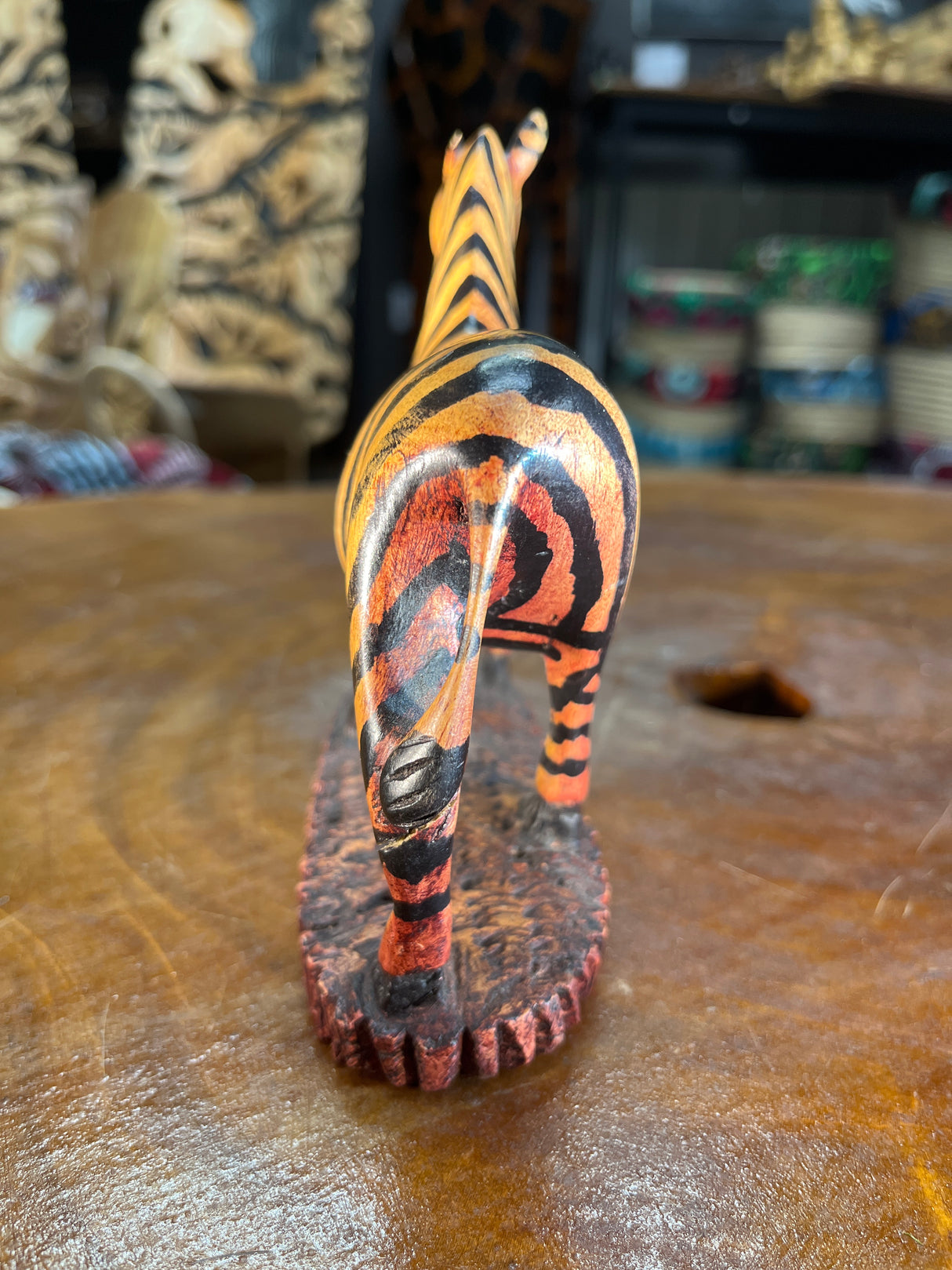 Hand Carved Painted Wooden Zebra on Stand