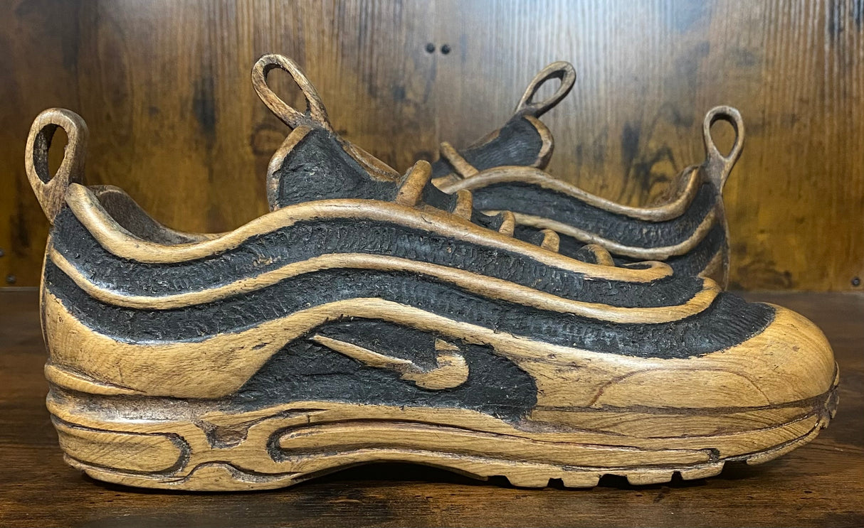 Pair of Nike Air Max 97 V1.3 Hand Carved Painted Mahogany Display Piece
