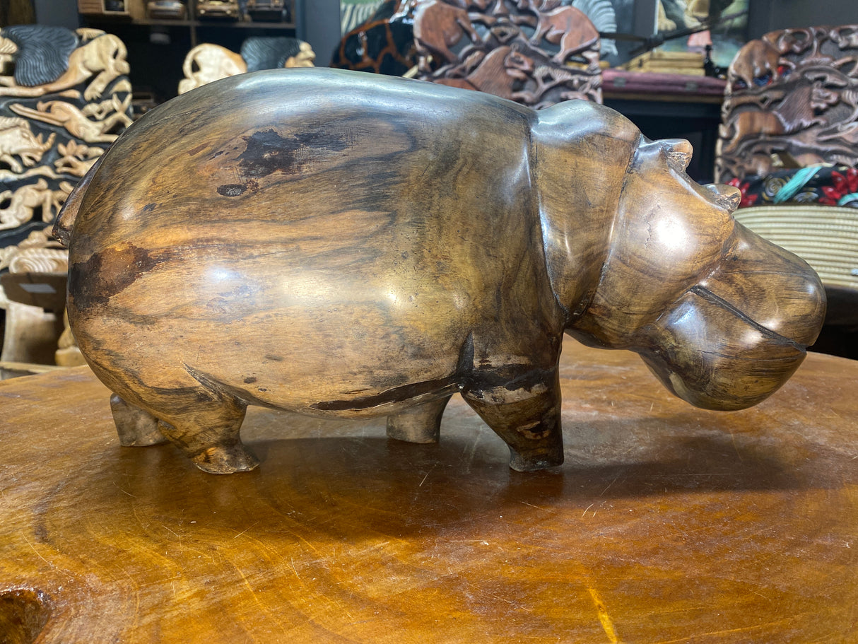 Hand Carved Wooden Smiling Hippo - Mouth Closed