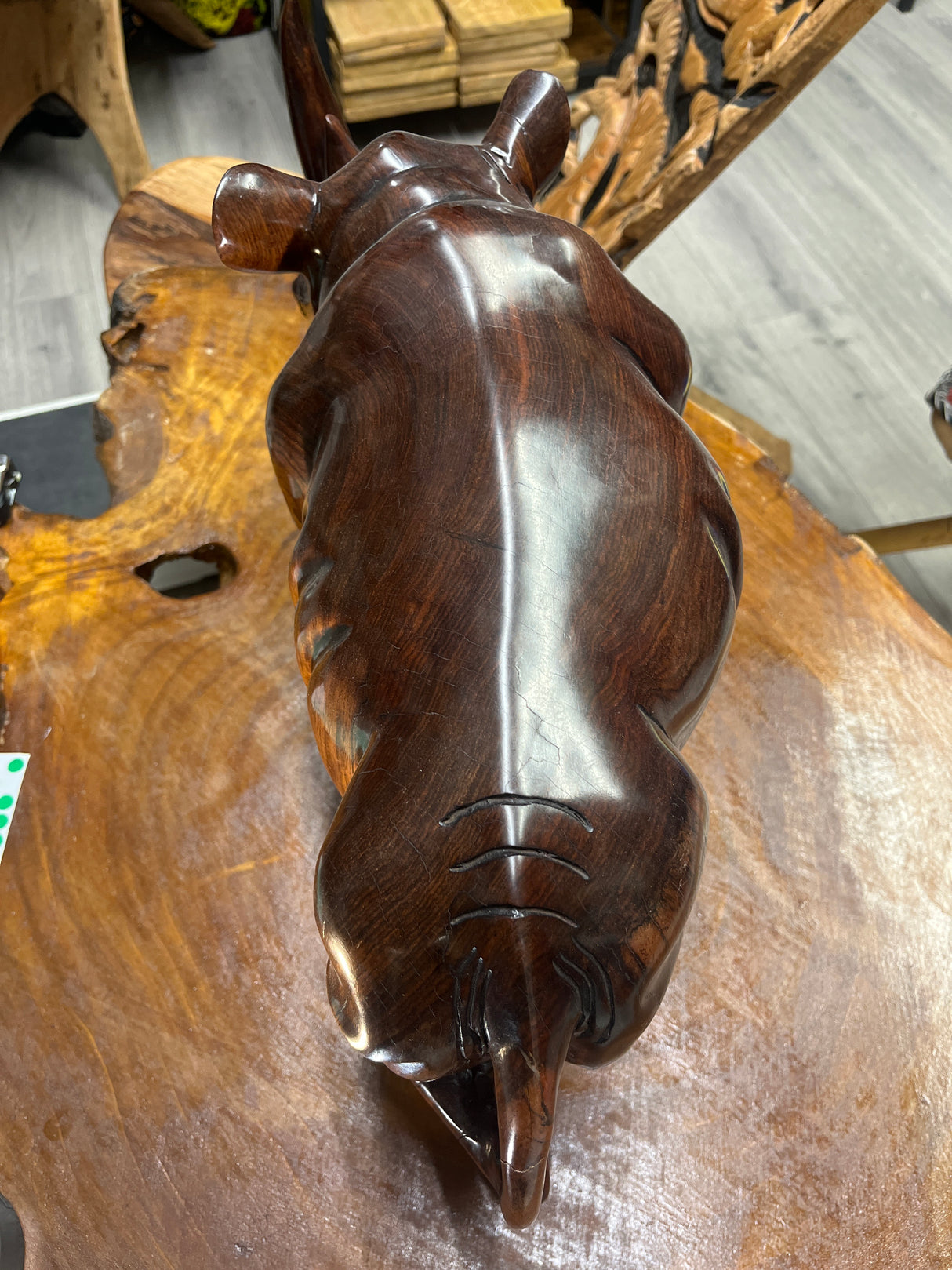 Large and heavy Hand Carved Wooden Standing Rhino Curio (Muscular Look)