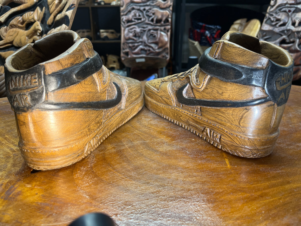 Pair of Nike Air Force One High V1.1 Hand Carved Mahogany Display Piece