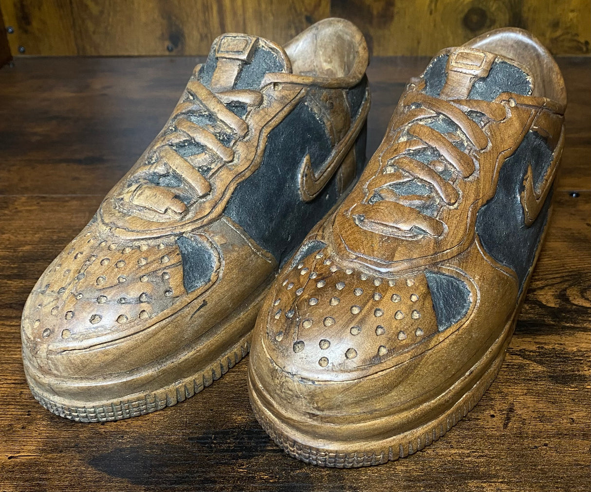 Pair of Nike Dunk Low V 2.1 Hand Carved Mahogany Display Piece