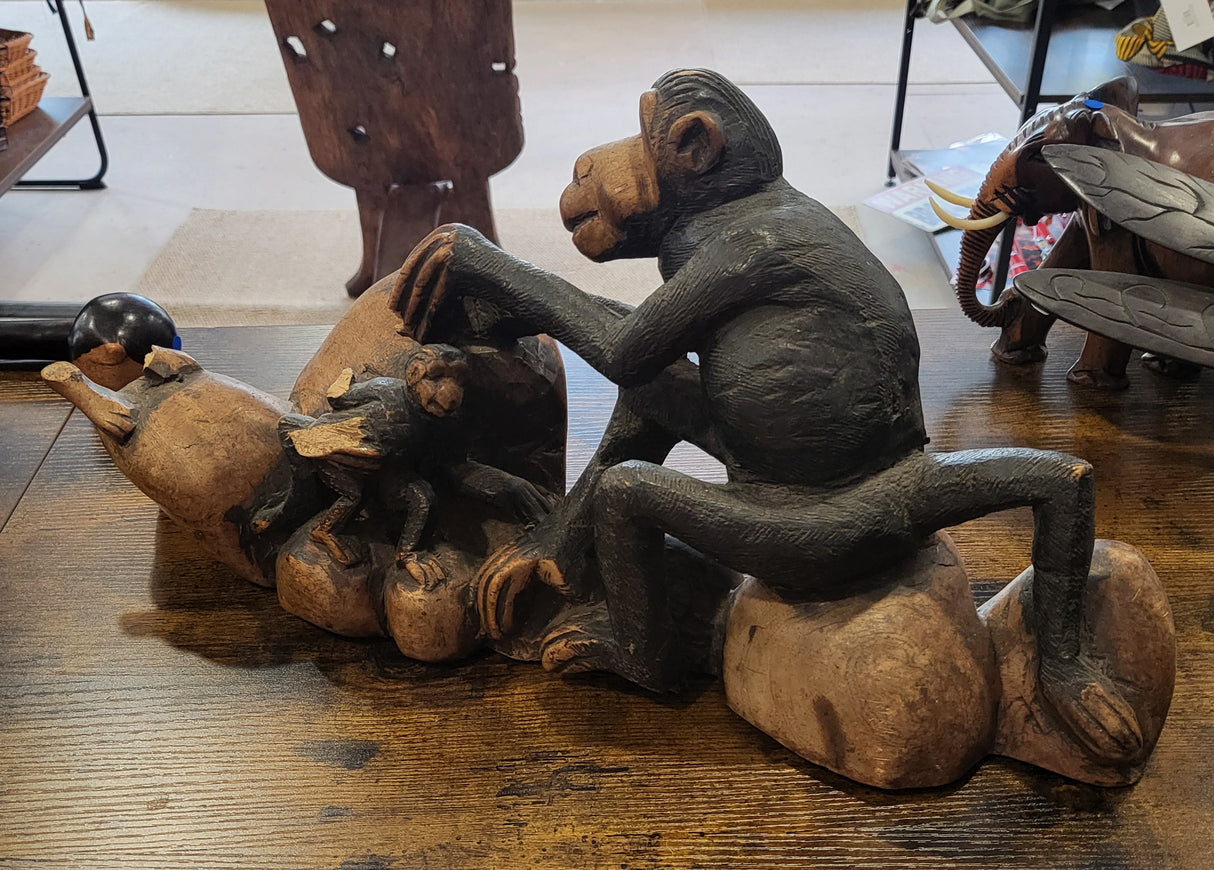 Monkey on the Rocks Mahogany Display Piece