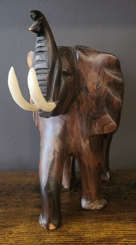 Mahogany Elephant with Tusks and Trunk Raised