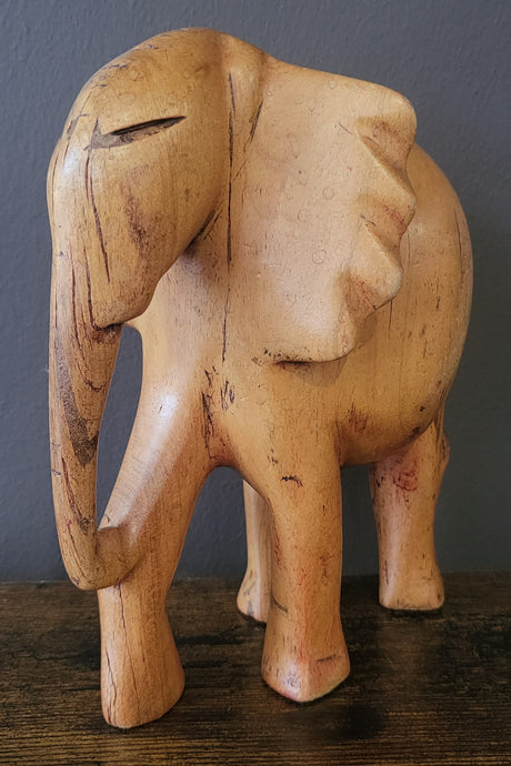Wooden Standing Elephant without Tusks and Trunk Down