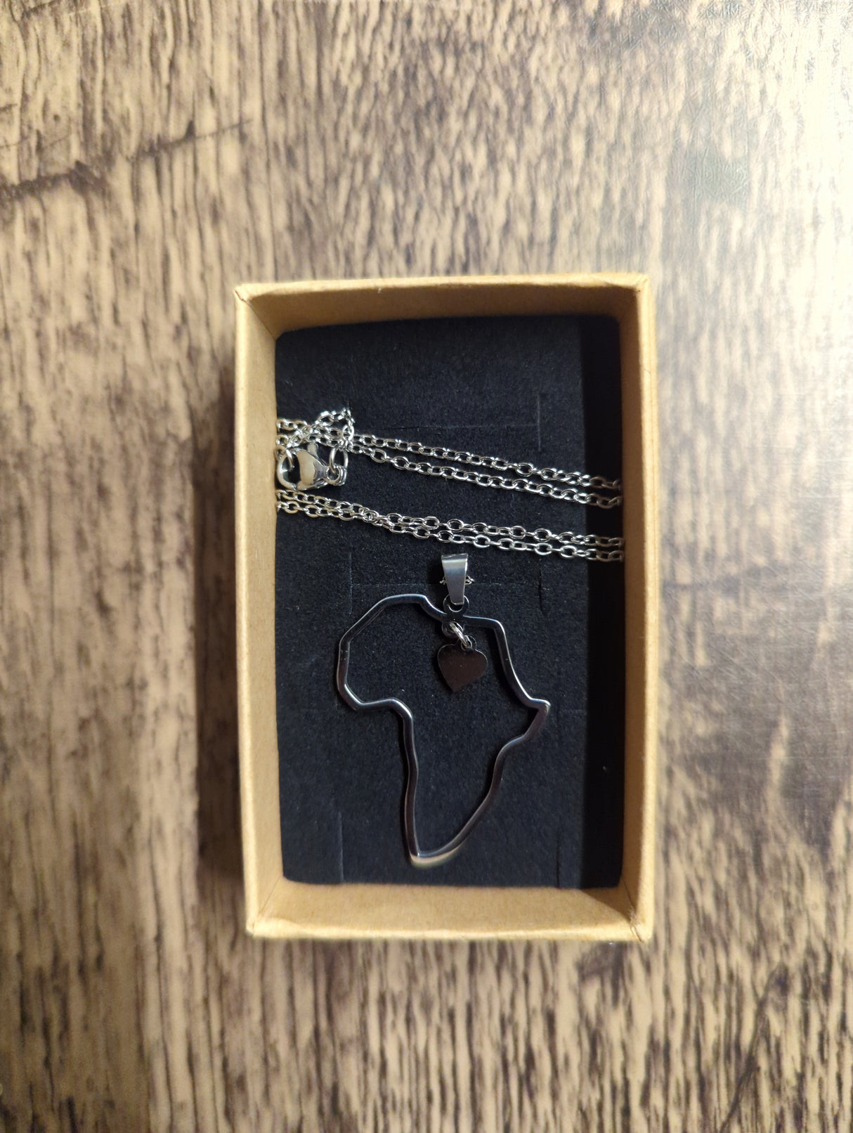 Africa Shape Outline Necklace With Heart Icon 50cm Chain 35mm x 26.5mm Pendant