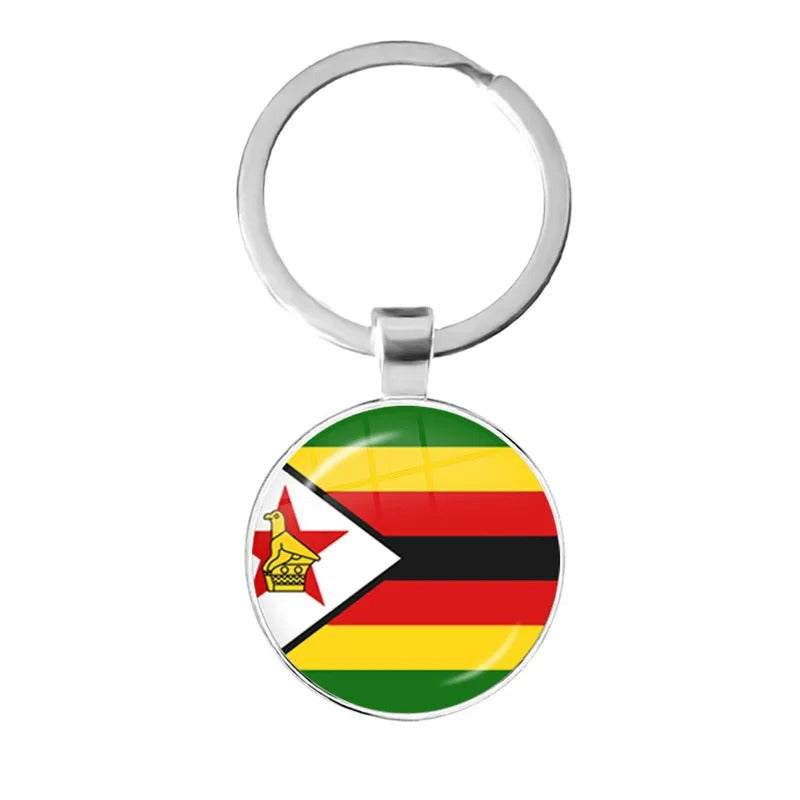 National Flag Round Flat Glass Silver Keychain
